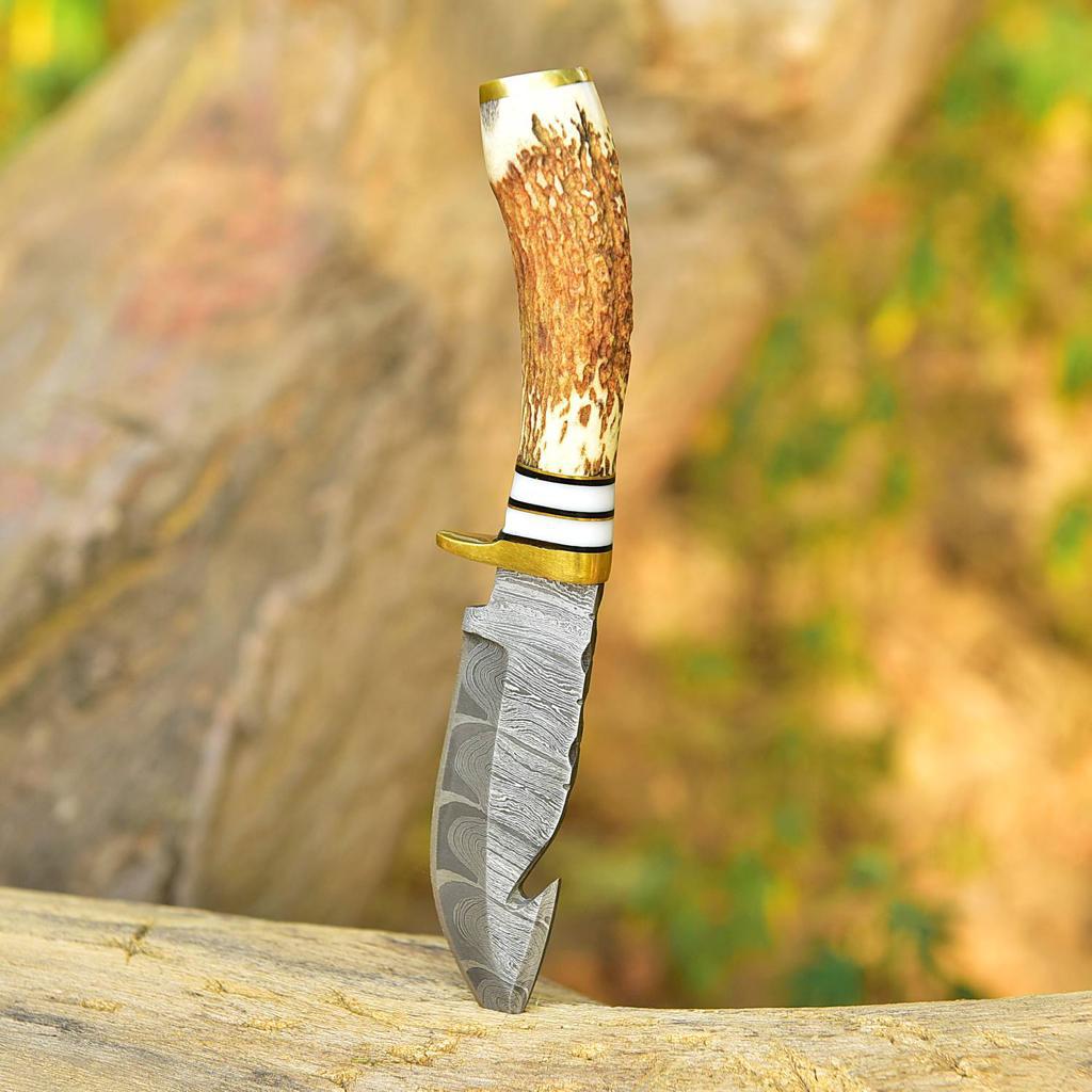 Handmade Damascus Steel - Stag Antler Handle Brass Guard for Gifting