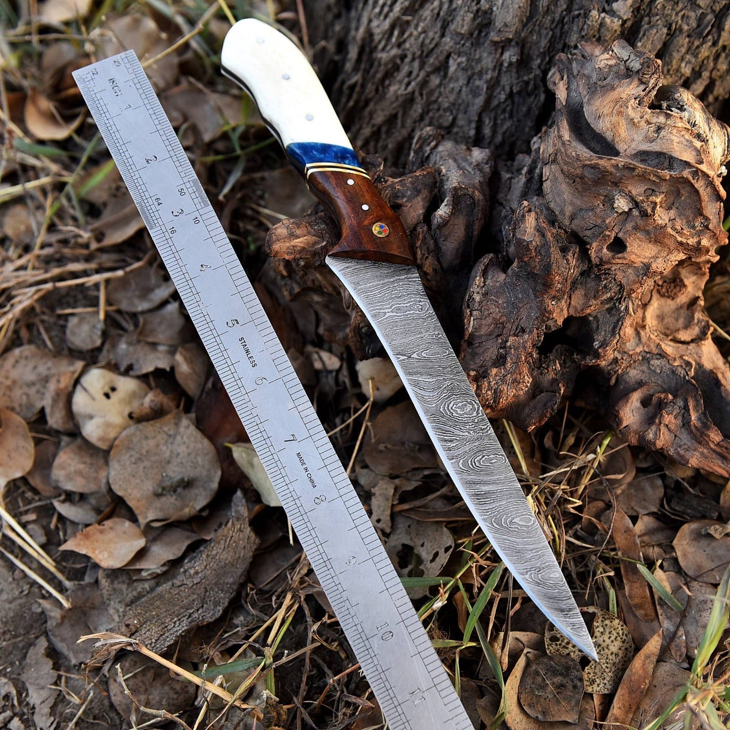 12" Handmade Fillet Damascus Chef Knife Bone wood & Resin Handle