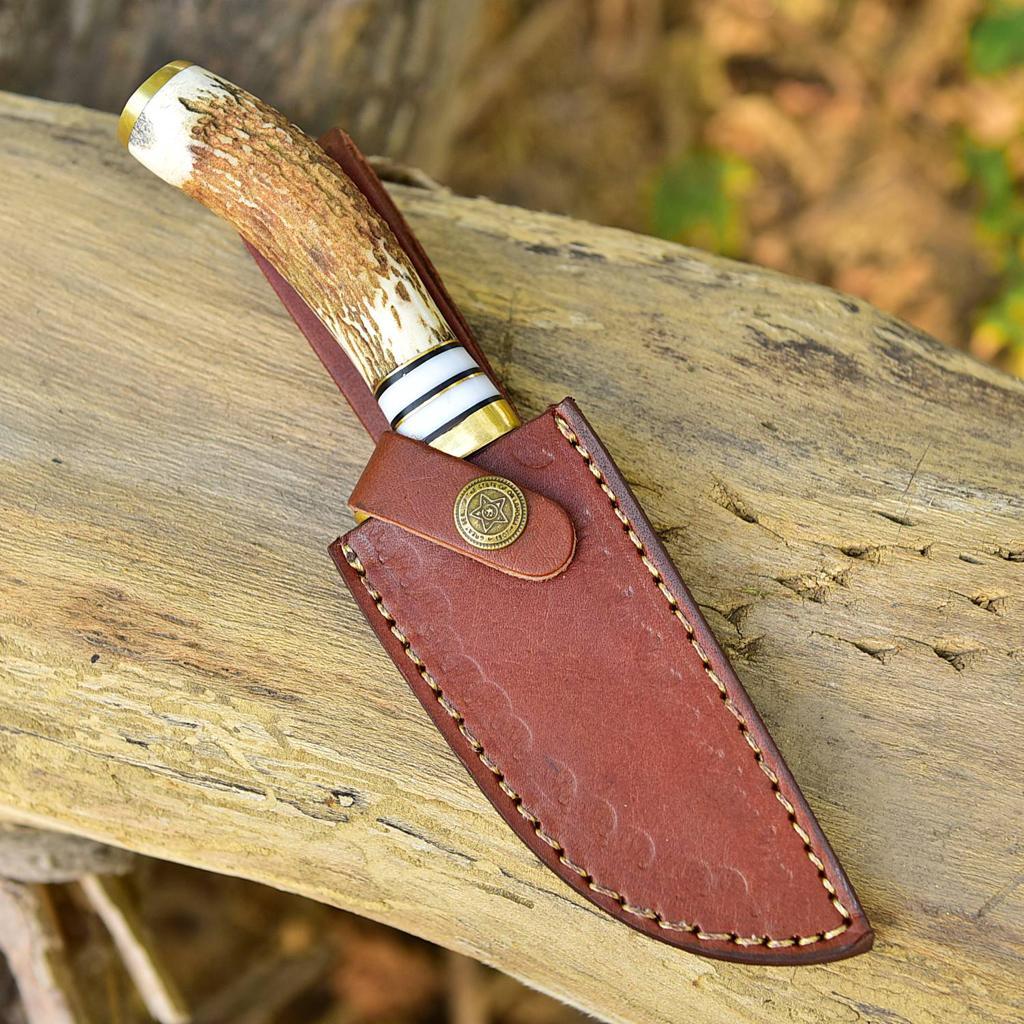 Handmade Damascus Steel - Stag Antler Handle Brass Guard for Gifting