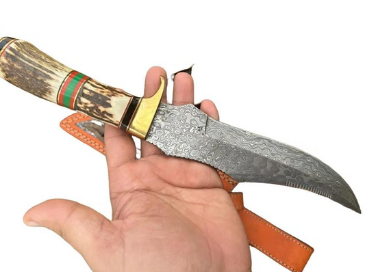 Premium Quality Handmade Damascus Steel Fixed Blade Bowie knife Stag Handle Brass Guard