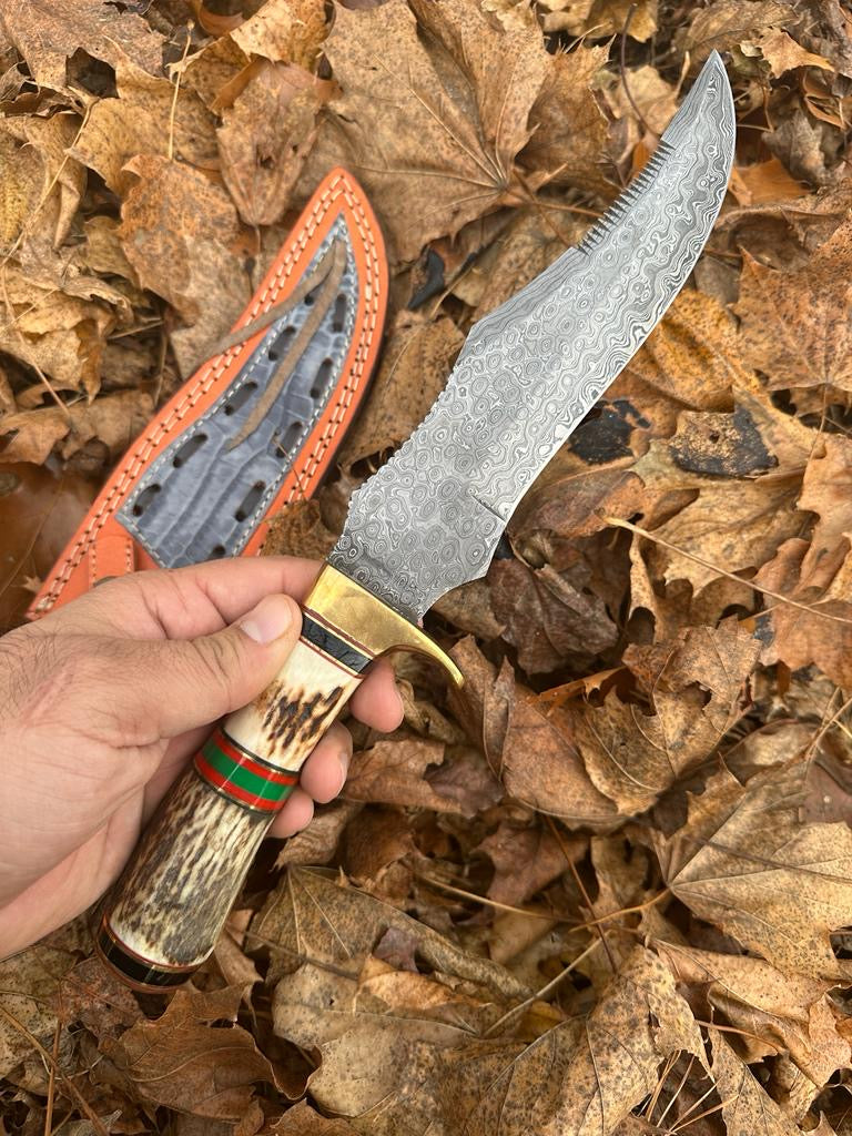 Premium Quality Handmade Damascus Steel Fixed Blade Bowie knife Stag Handle Brass Guard