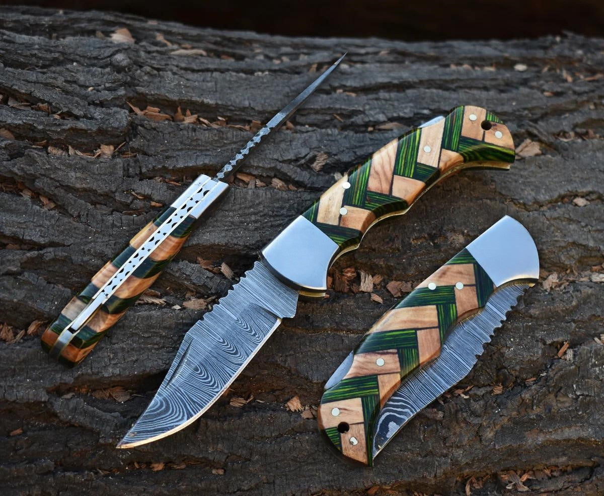 Custom Handmade Damascus Steel Folding Blade Pocket Knife With Sheath