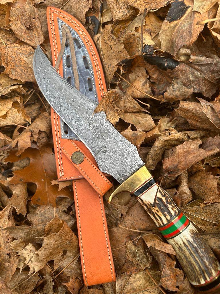 Premium Quality Handmade Damascus Steel Fixed Blade Bowie knife Stag Handle Brass Guard