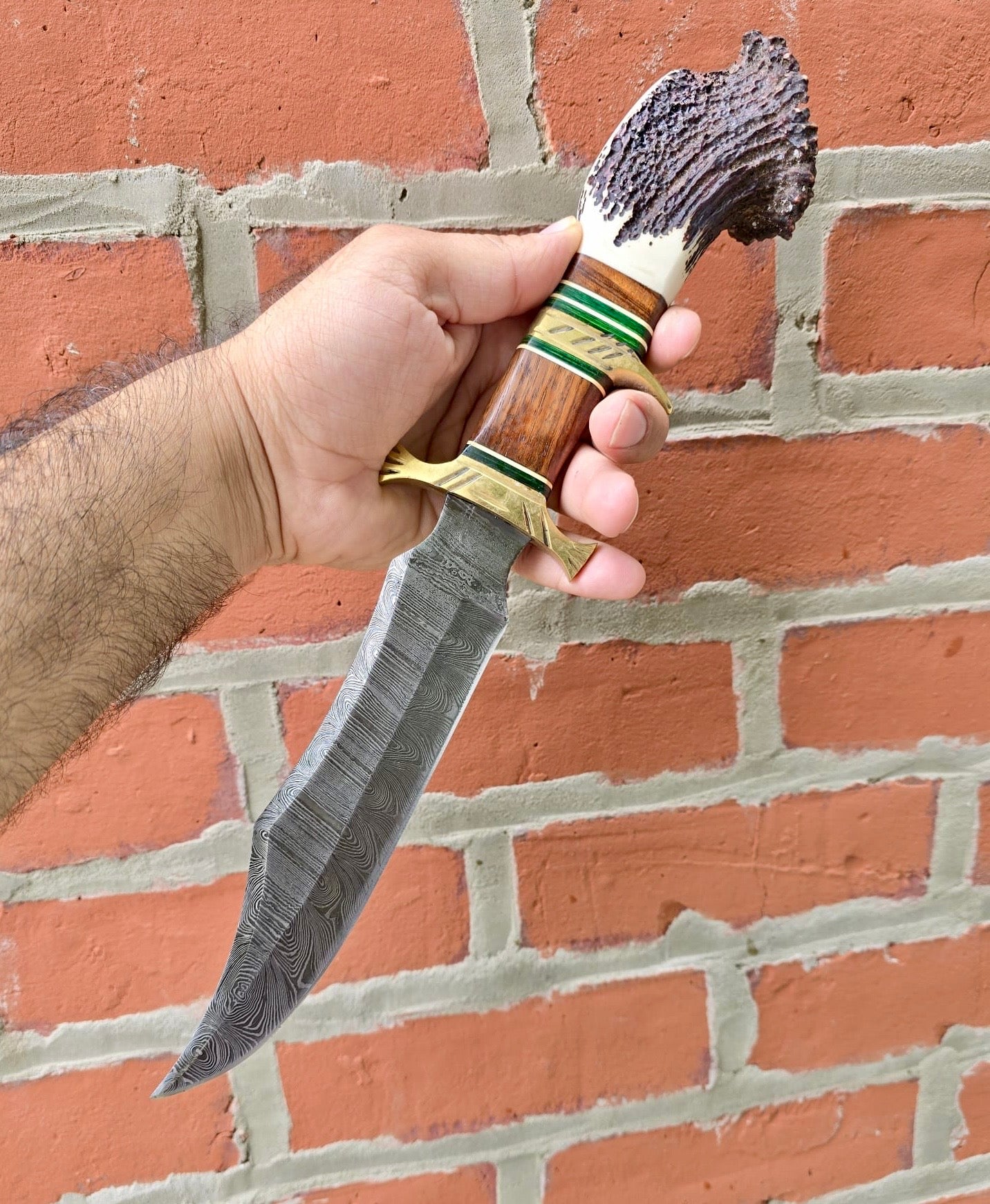 Handmade Forged Damascus Steel Bowie Rambo Knife with Deer Crown Stag Handle