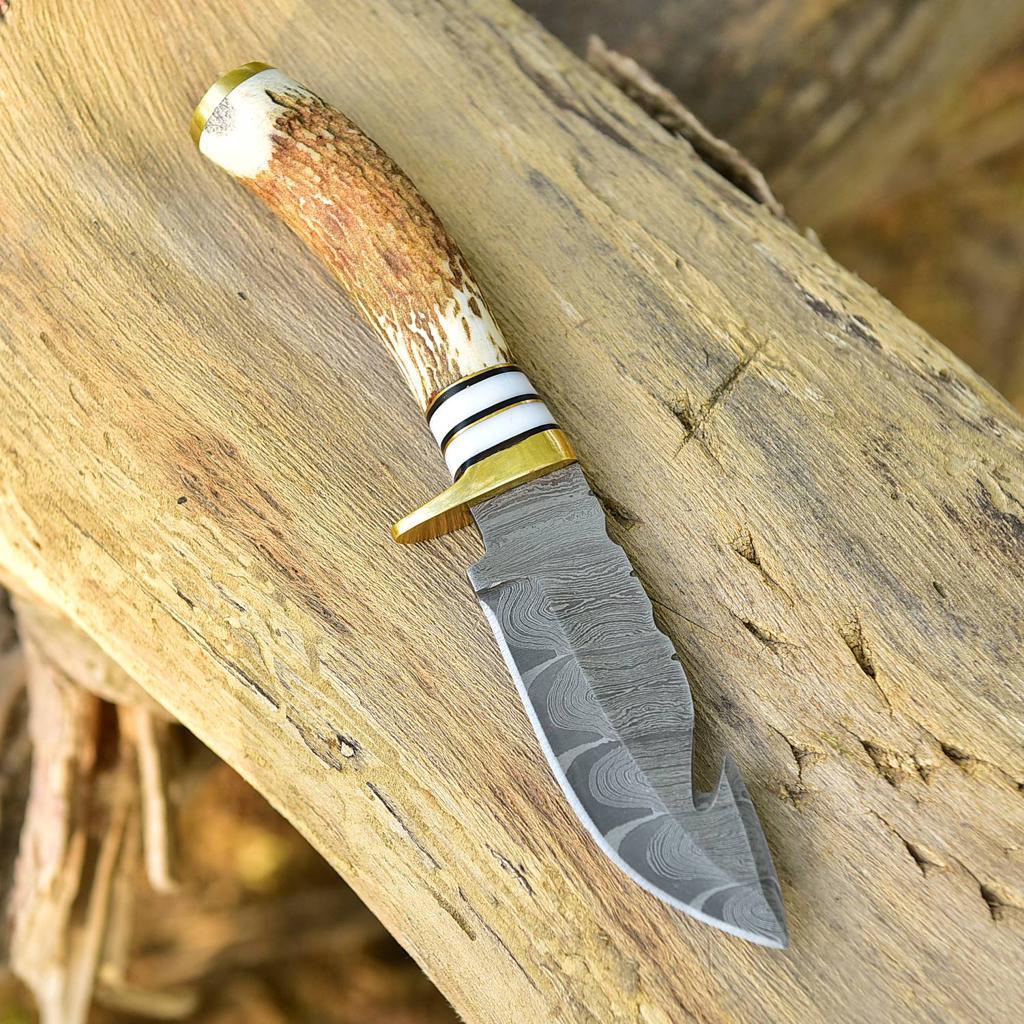 Handmade Damascus Steel - Stag Antler Handle Brass Guard for Gifting