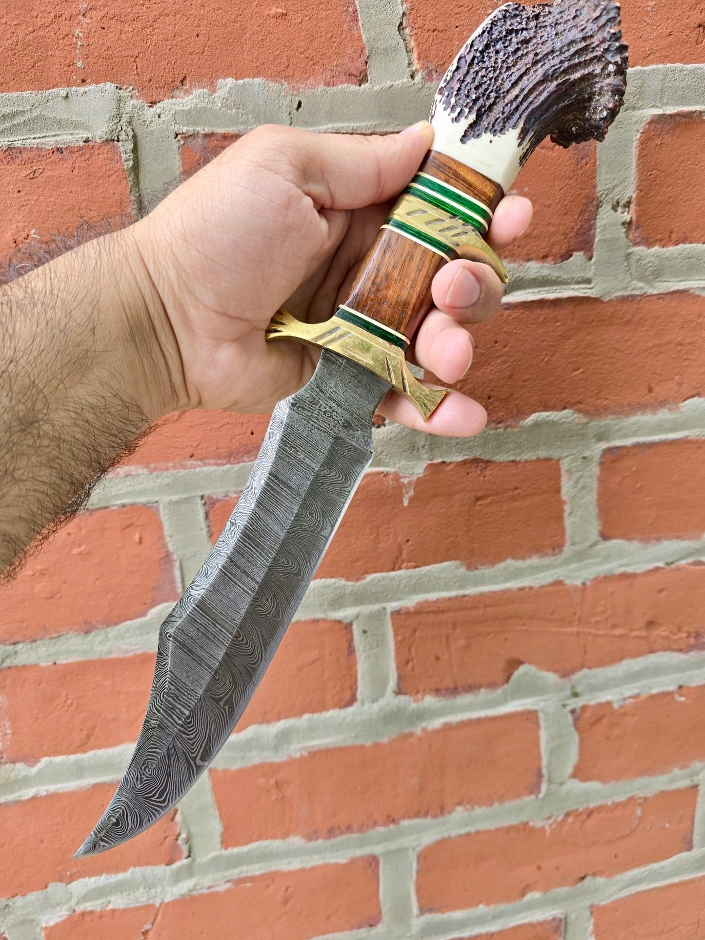 Handmade Forged Damascus Steel Bowie Rambo Knife with Deer Crown Stag Handle