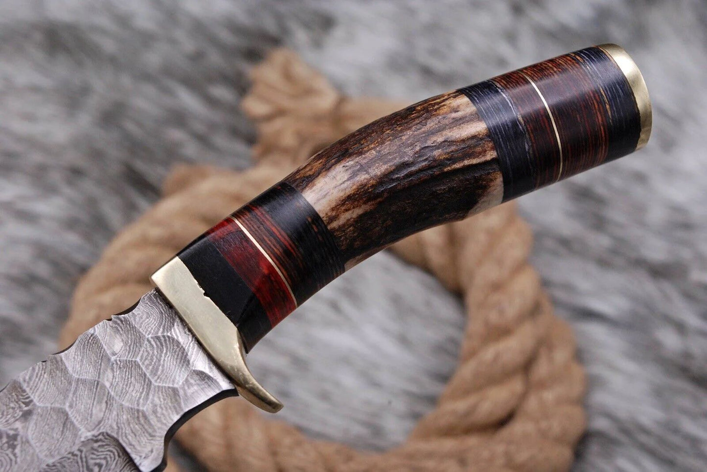 Handmade Forged Damascus Steel Kitchen Utility Knife with Deer Stag Antler Handle and Leather Sheath