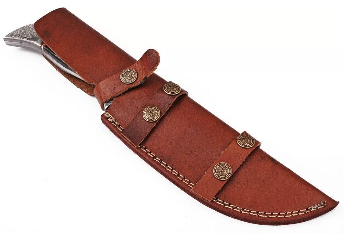 12 Custom Made Hunting Bowie knife Full Tang-bull Horn Handle with Genuine Leather sheath