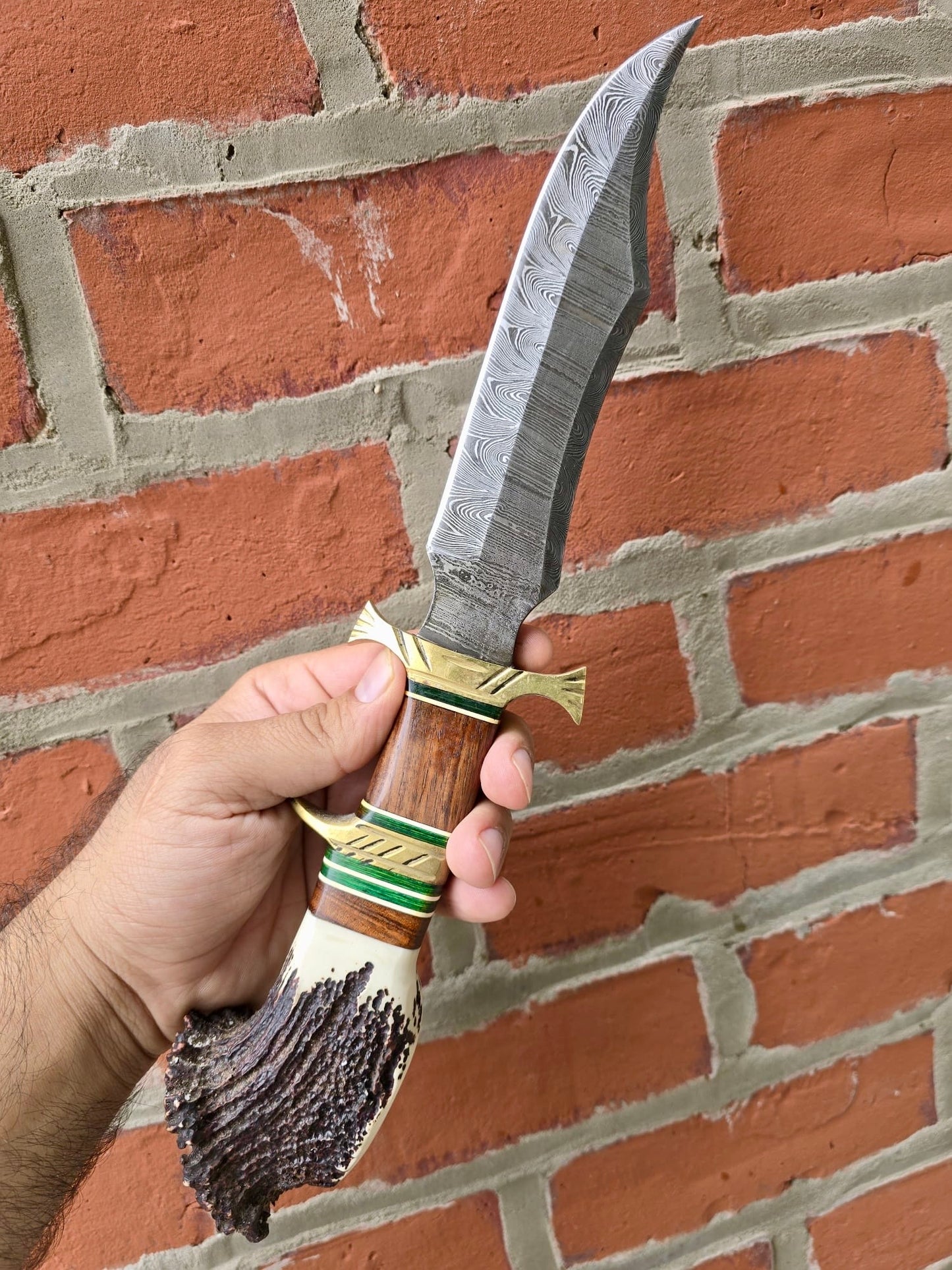 Handmade Forged Damascus Steel Bowie Rambo Knife with Deer Crown Stag Handle