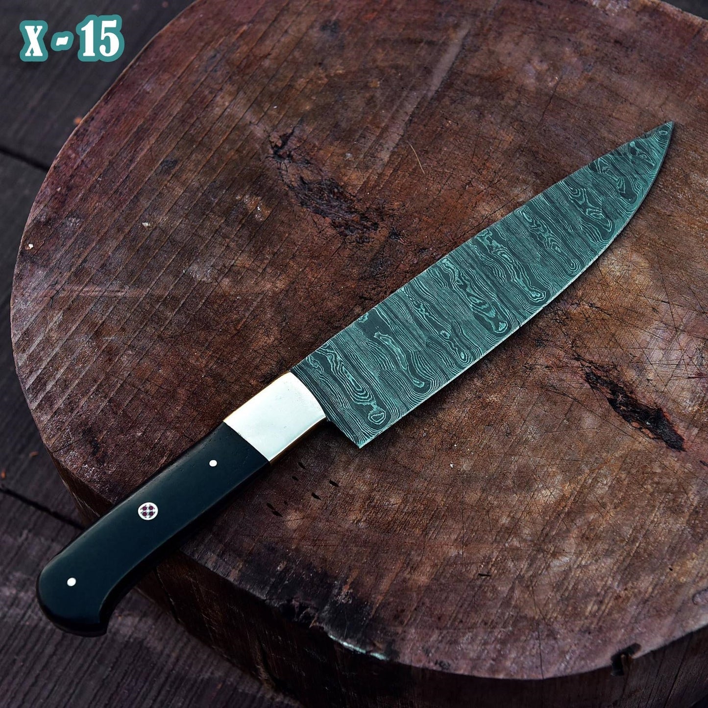 Premium Best Quality Damascus Steel Chef Knife Bull Horn Handle Brass Bolster