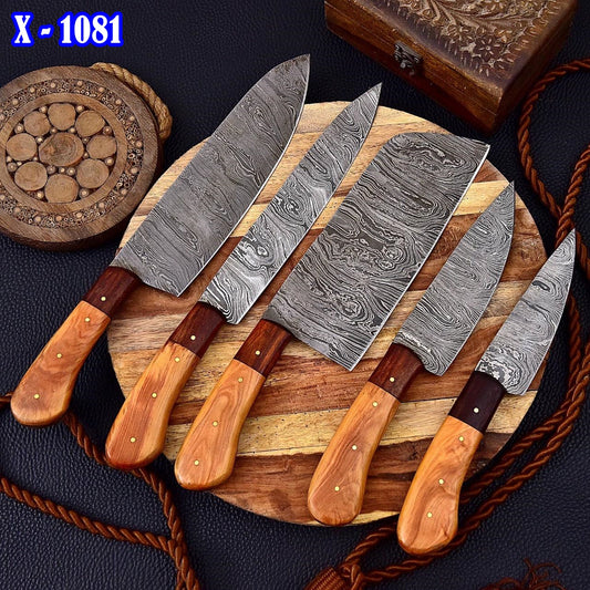 Handmade Damascus Steel Blade 5 Piece Chef Knifes Set Kitchen Cutlery Knife Set