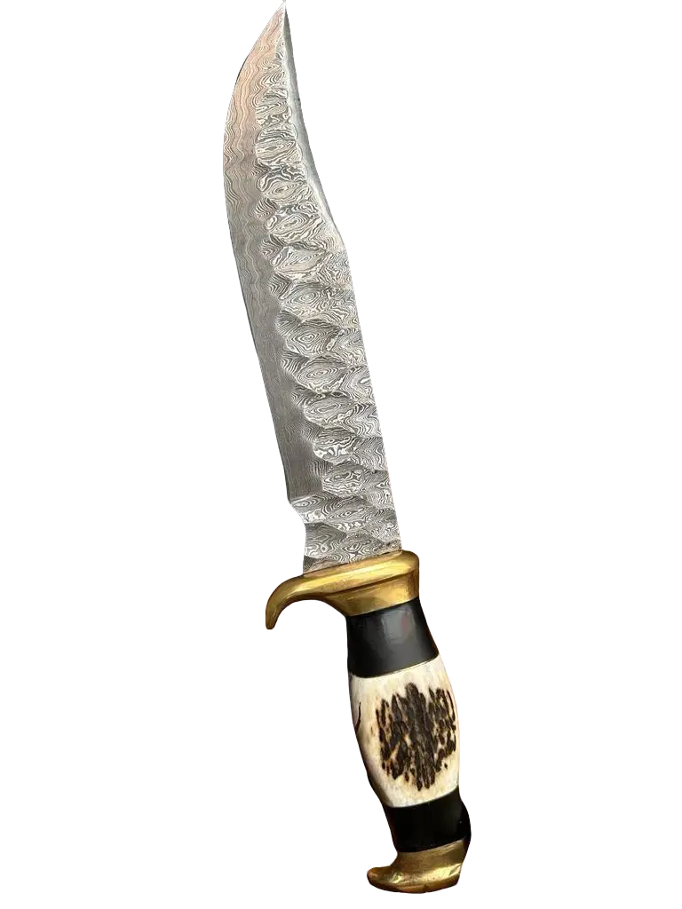 17" Handcrafted Damascus Steel Outdoor Bowie Knife with Stag Crown & Bull Horn Handle