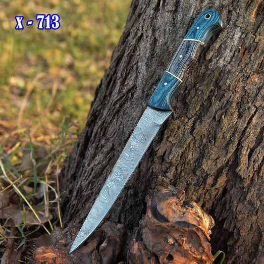 12" Handmade Fillet Damascus Chef Knife Blue Stain Wood Handle