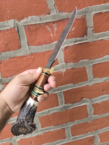 Handmade Forged Damascus Steel Bowie Rambo Knife with Deer Crown Stag Handle