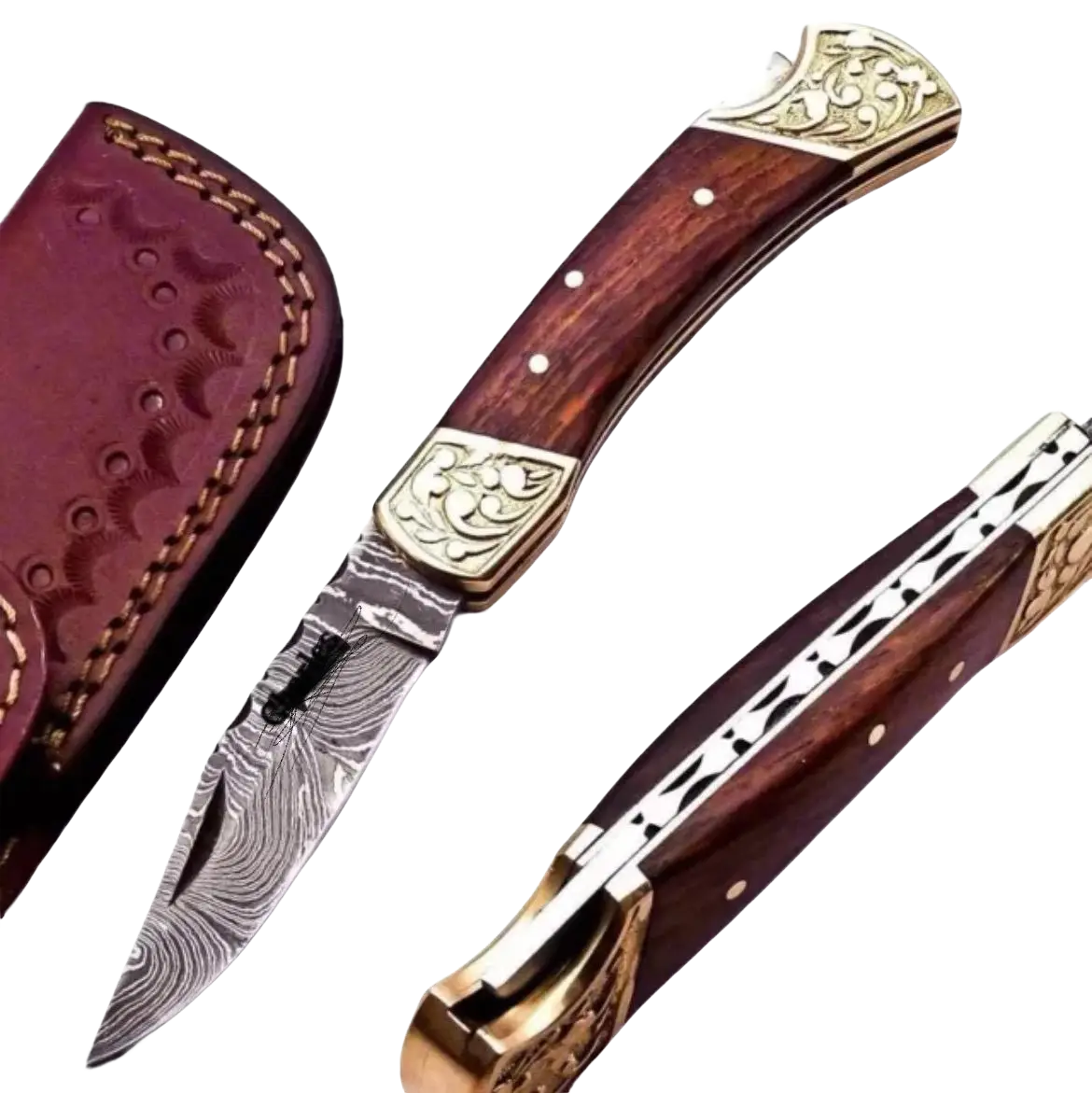 Handmade Damascus Steel Lock-Back Folding Blade Pocket knife With Leather Sheath