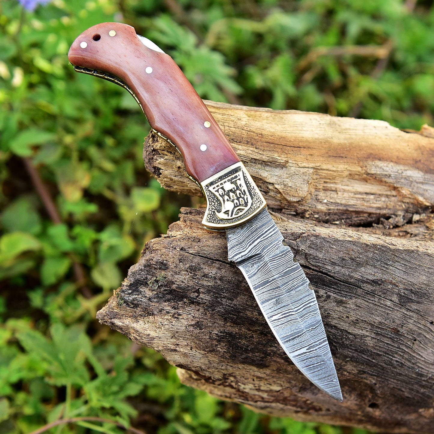 Hand Made Damascus Hunting Folding Knife With Brass Bolster & Bone Handle x751
