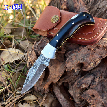 Handmade Damascus Back Lock Folding Pocket Camping Knife Wood Handle