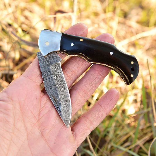 Handmade Damascus Back Lock Folding Pocket Camping Knife Wood Handle