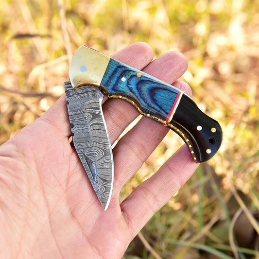 Custom Handmade Damascus Steel Folding Pocket Knife Wood Resin Handle