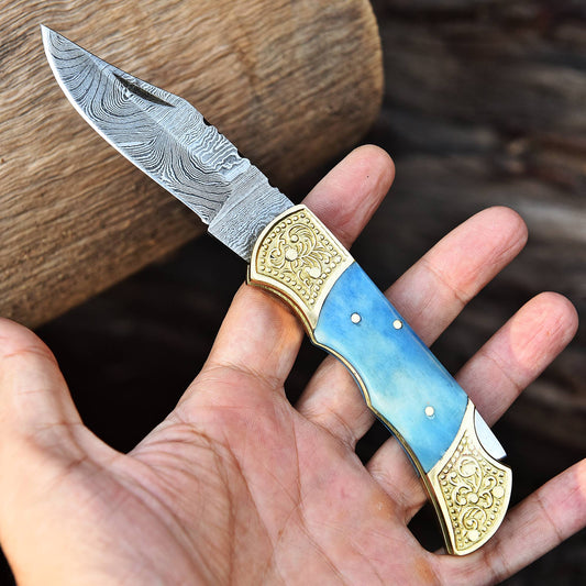Handmade Damascus Steel Folding Blade Pocket Knife Lock Back - Blue Bone Handle