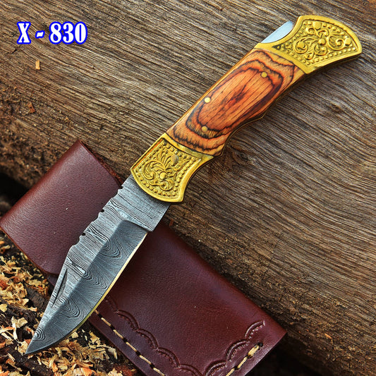 Custom Handmade Damascus Steel VG10 Pocket knife-Wood Handle Engrave Bolster