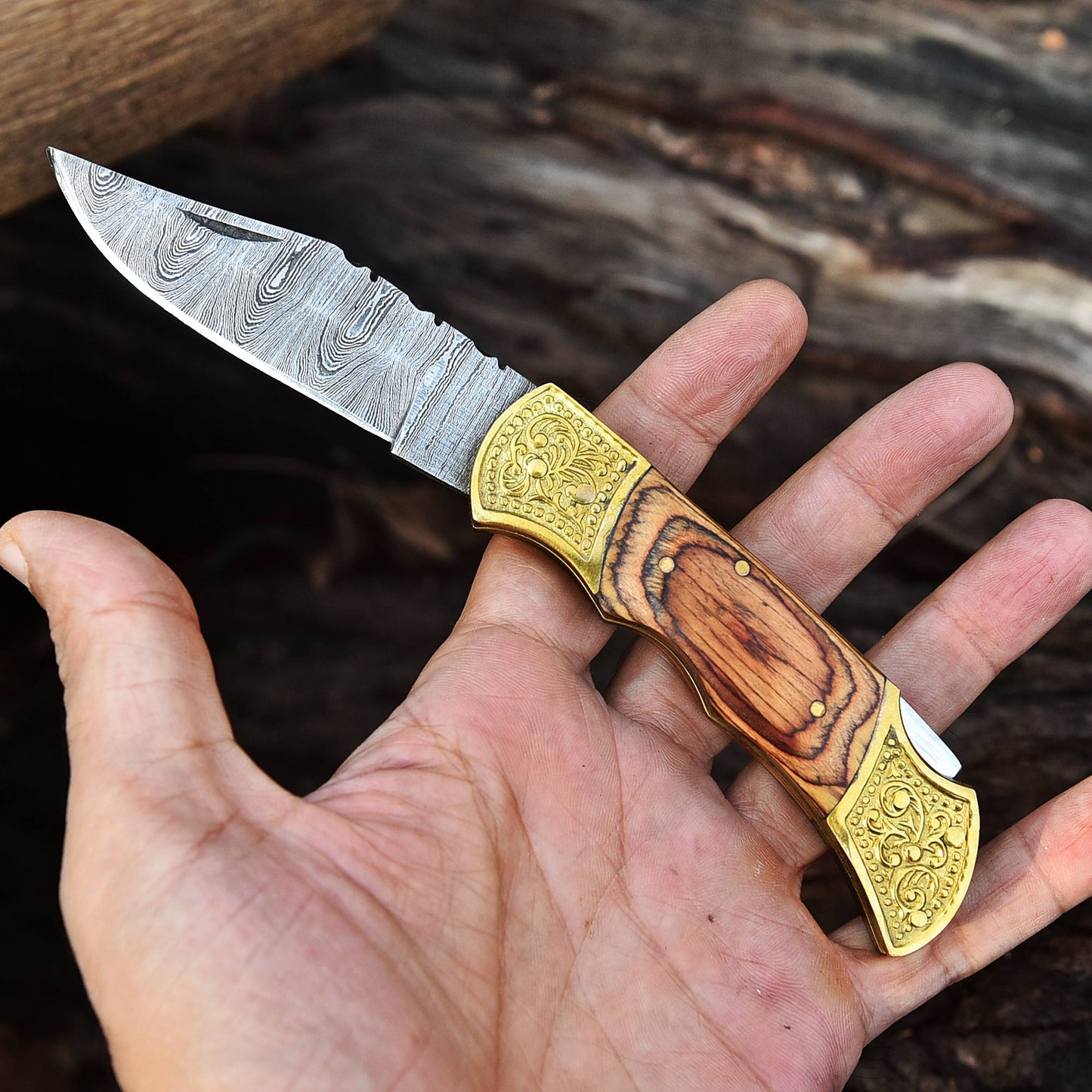 Custom Handmade Damascus Steel VG10 Pocket knife-Wood Handle Engrave Bolster