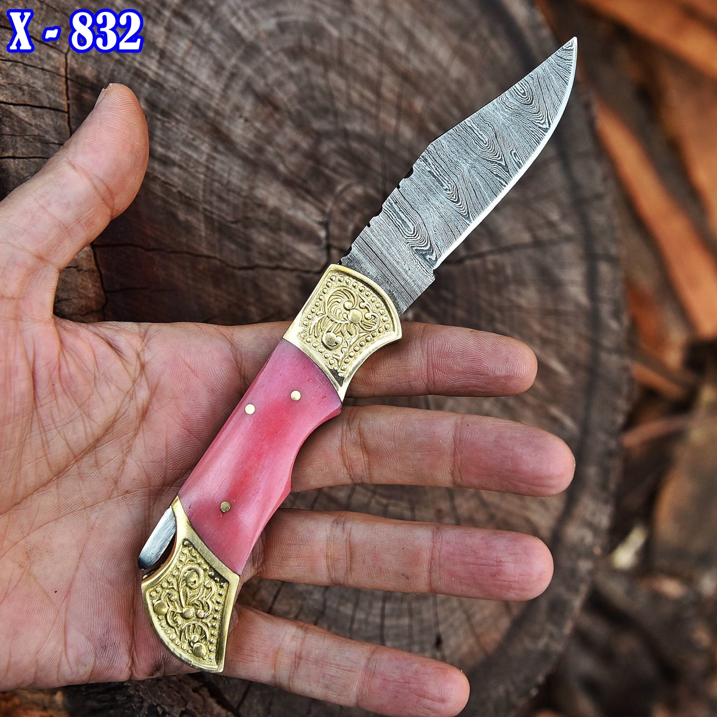 Damascus Knife Forged Steel Folding Blade Pocket Carry-Pink Colored Bone Handle