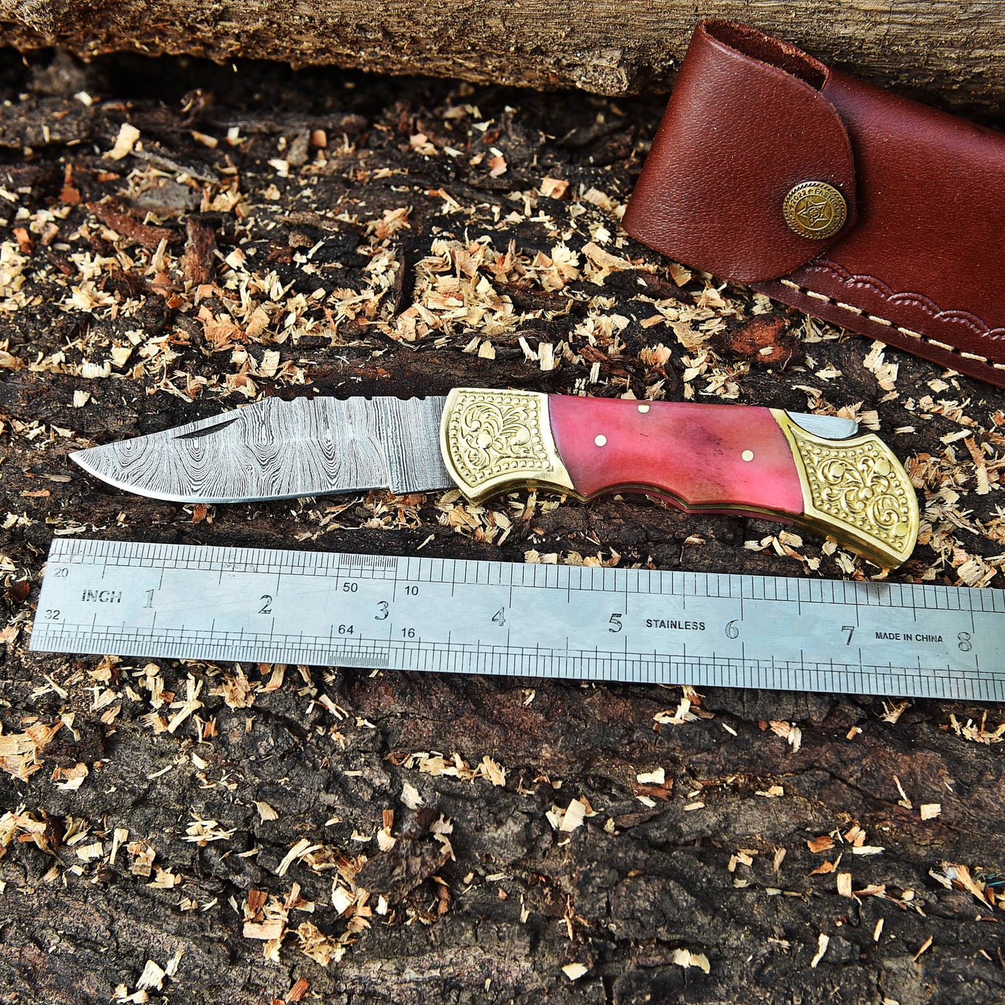 Damascus Knife Forged Steel Folding Blade Pocket Carry-Pink Colored Bone Handle