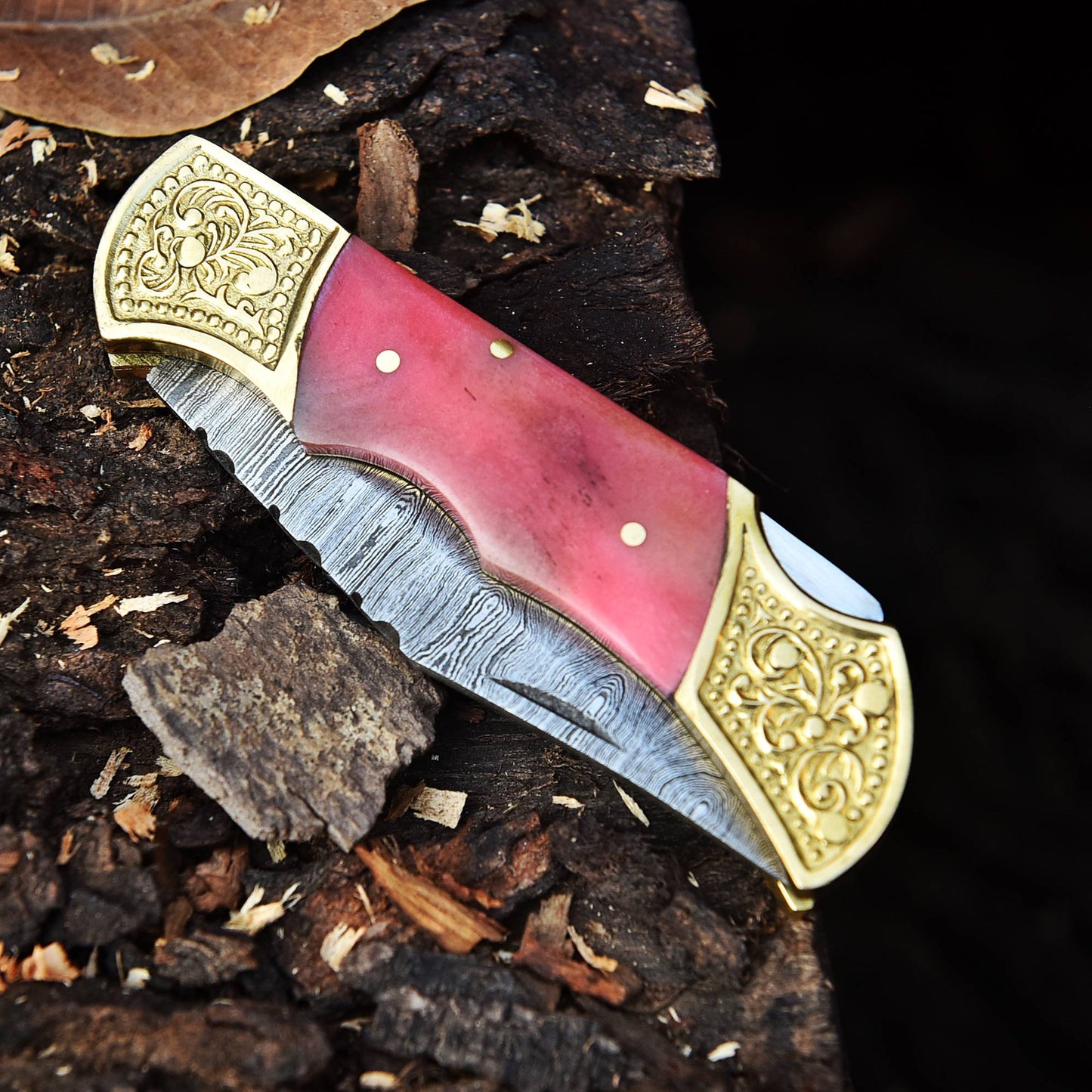 Damascus Knife Forged Steel Folding Blade Pocket Carry-Pink Colored Bone Handle