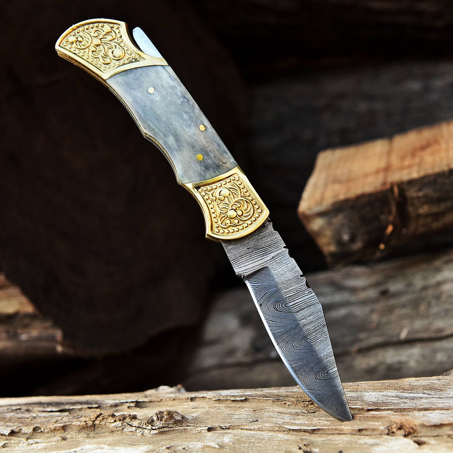 Handmade Damascus Steel Folding Blade Pocket Knife-Gray Bone Handle