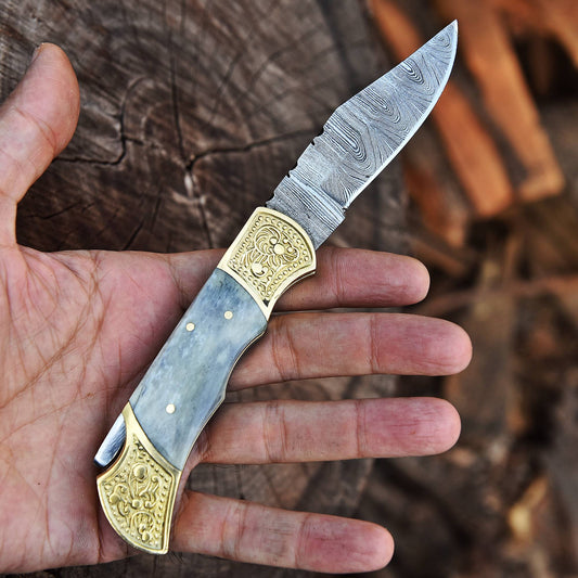Handmade Damascus Steel Folding Blade Pocket Knife-Gray Bone Handle