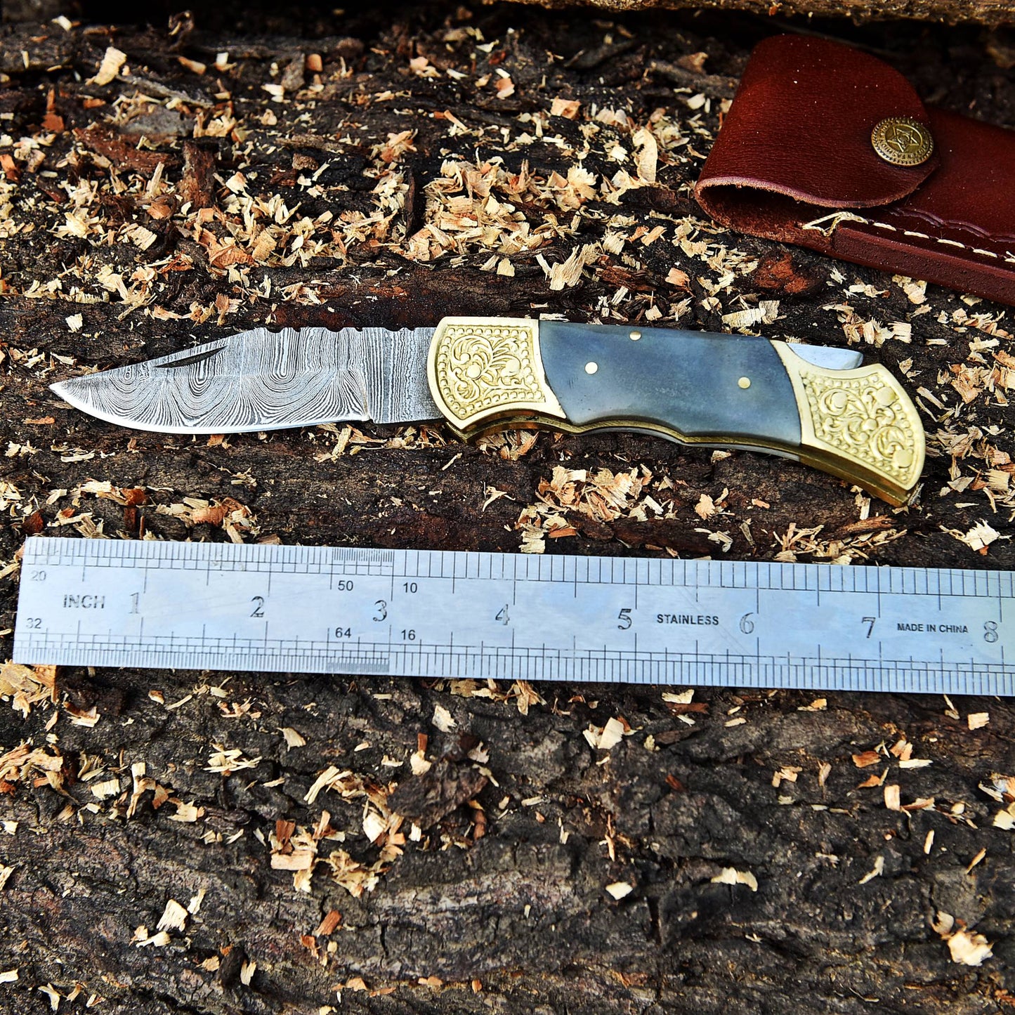 Handmade Damascus Steel Folding Blade Pocket Knife-Gray Bone Handle