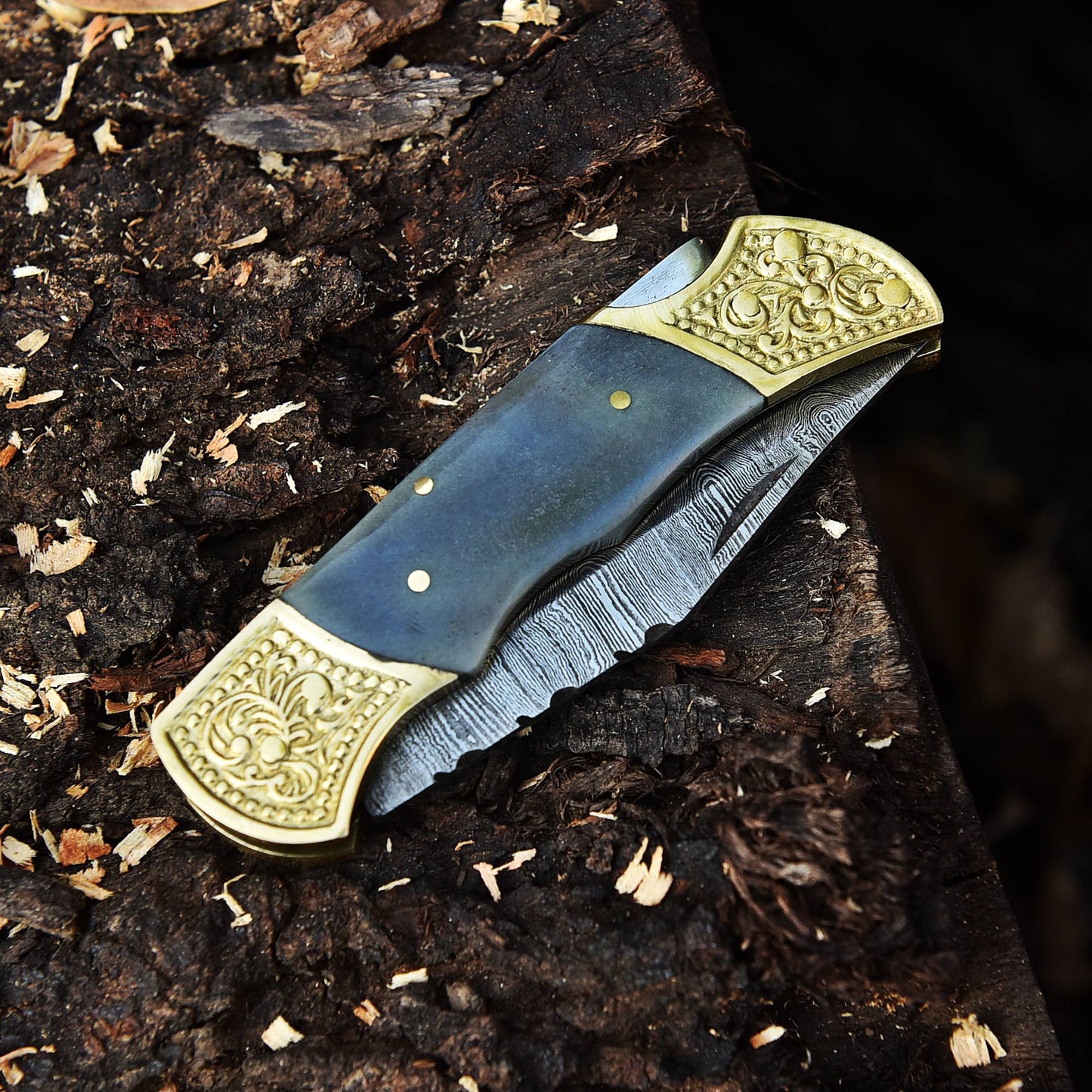 Handmade Damascus Steel Folding Blade Pocket Knife-Gray Bone Handle