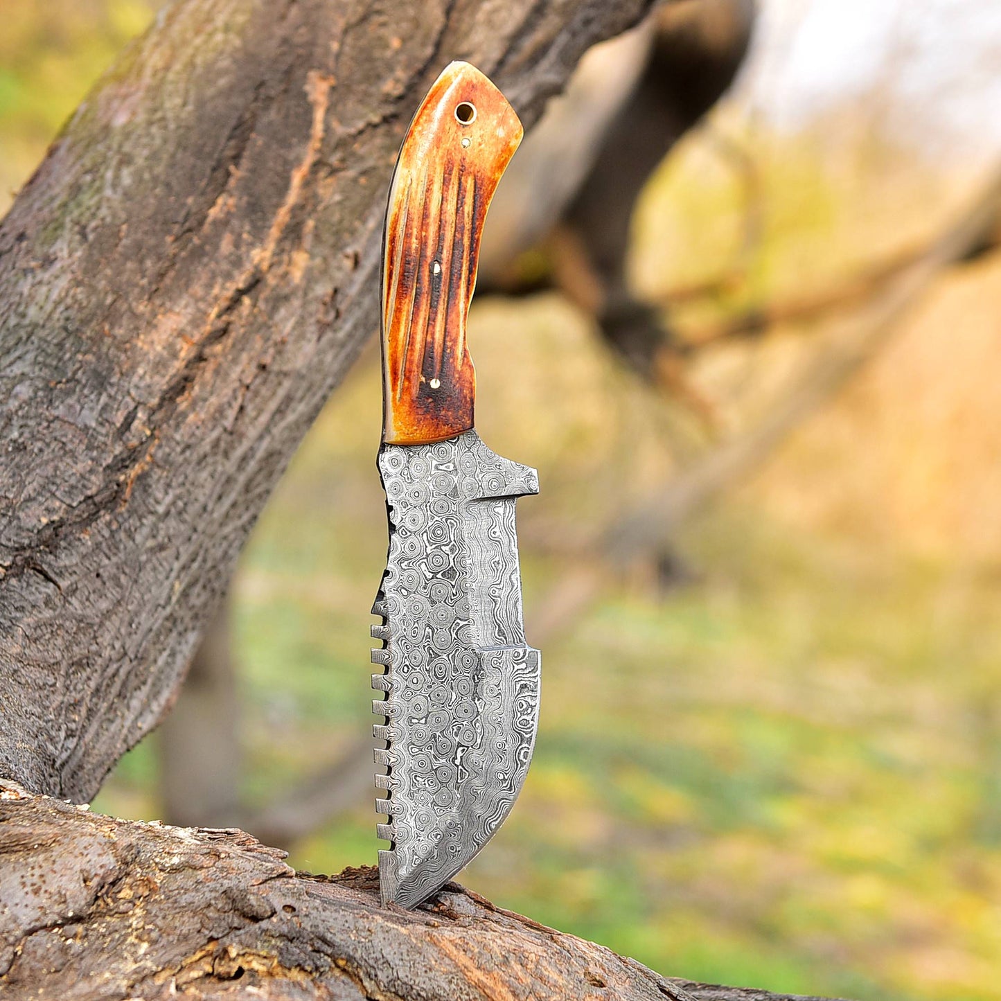 10”Custom Hand Made Forged Damascus Steel Tracker Hunting Camping Knife Bone Handle