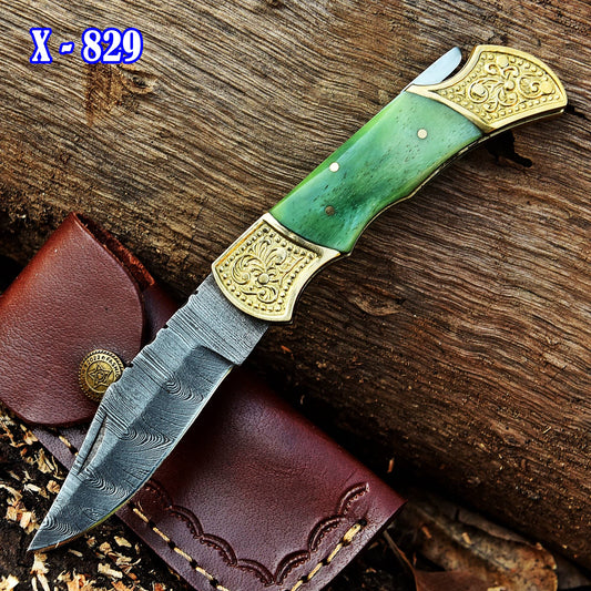 Customs Hand Made Damascus Steel Hunting Folding Knife Engraved Brass Bolster-Colored Bone Handle