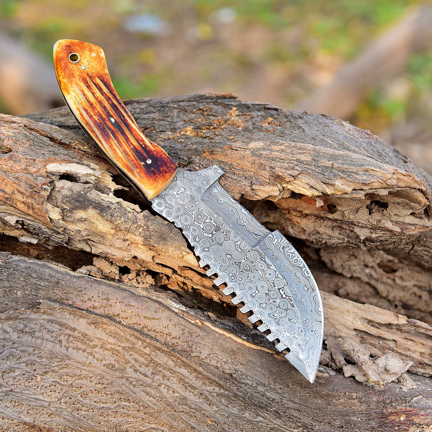 10”Custom Hand Made Forged Damascus Steel Tracker Hunting Camping Knife Bone Handle