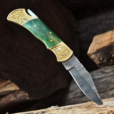 Customs Hand Made Damascus Steel Hunting Folding Knife Engraved Brass Bolster-Colored Bone Handle