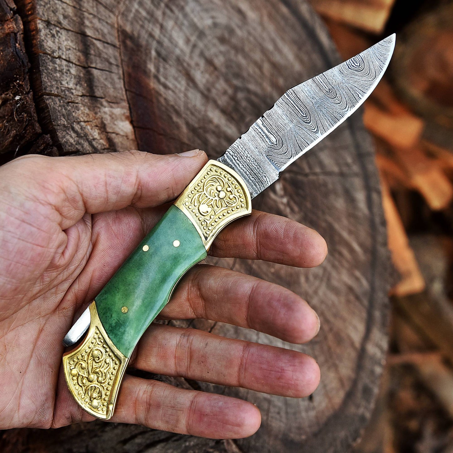 Customs Hand Made Damascus Steel Hunting Folding Knife Engraved Brass Bolster-Colored Bone Handle