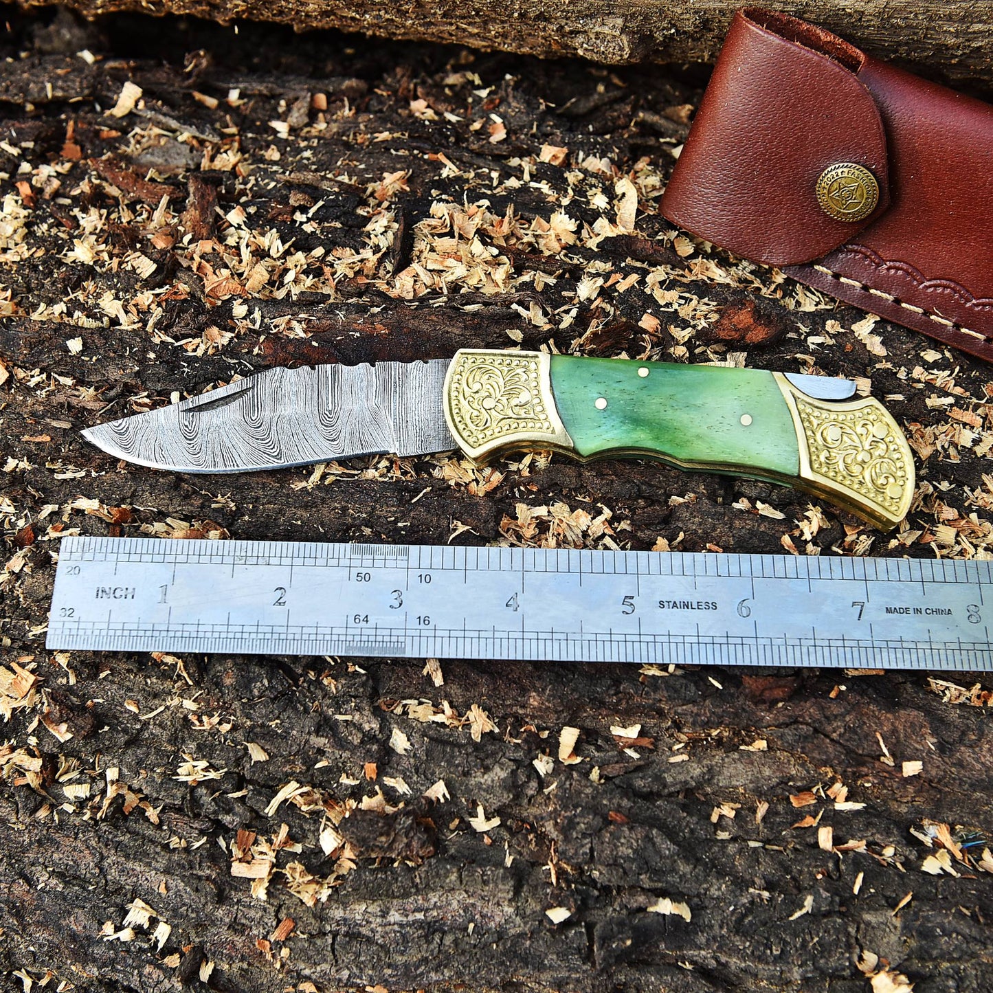 Customs Hand Made Damascus Steel Hunting Folding Knife Engraved Brass Bolster-Colored Bone Handle