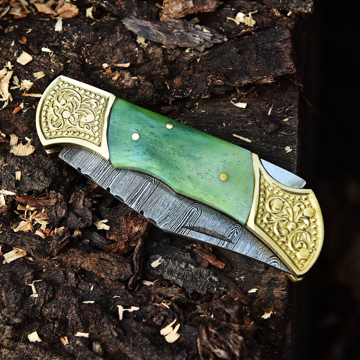 Customs Hand Made Damascus Steel Hunting Folding Knife Engraved Brass Bolster-Colored Bone Handle