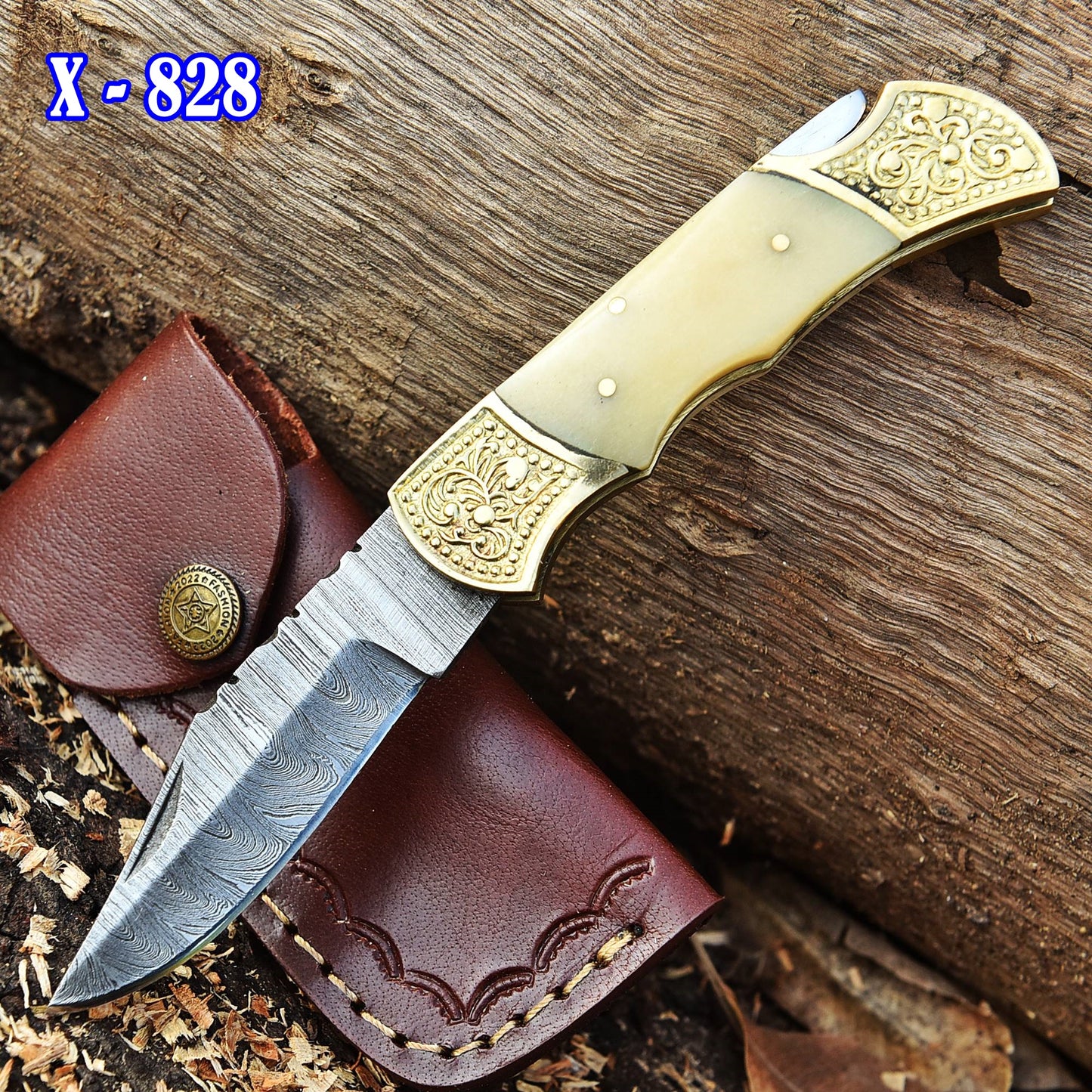 Handmade Damascus knife Folding Blade Pocket - Natural Bone Handle