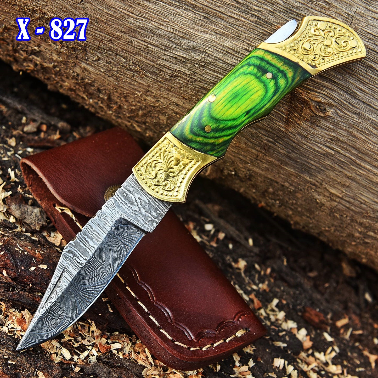 Handmade Damascus Steel Folding Blade Pocket Knife-Green PakkaWood Handle