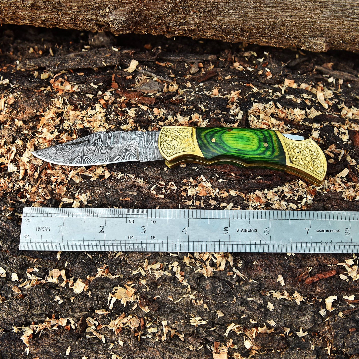 Handmade Damascus Steel Folding Blade Pocket Knife-Green PakkaWood Handle