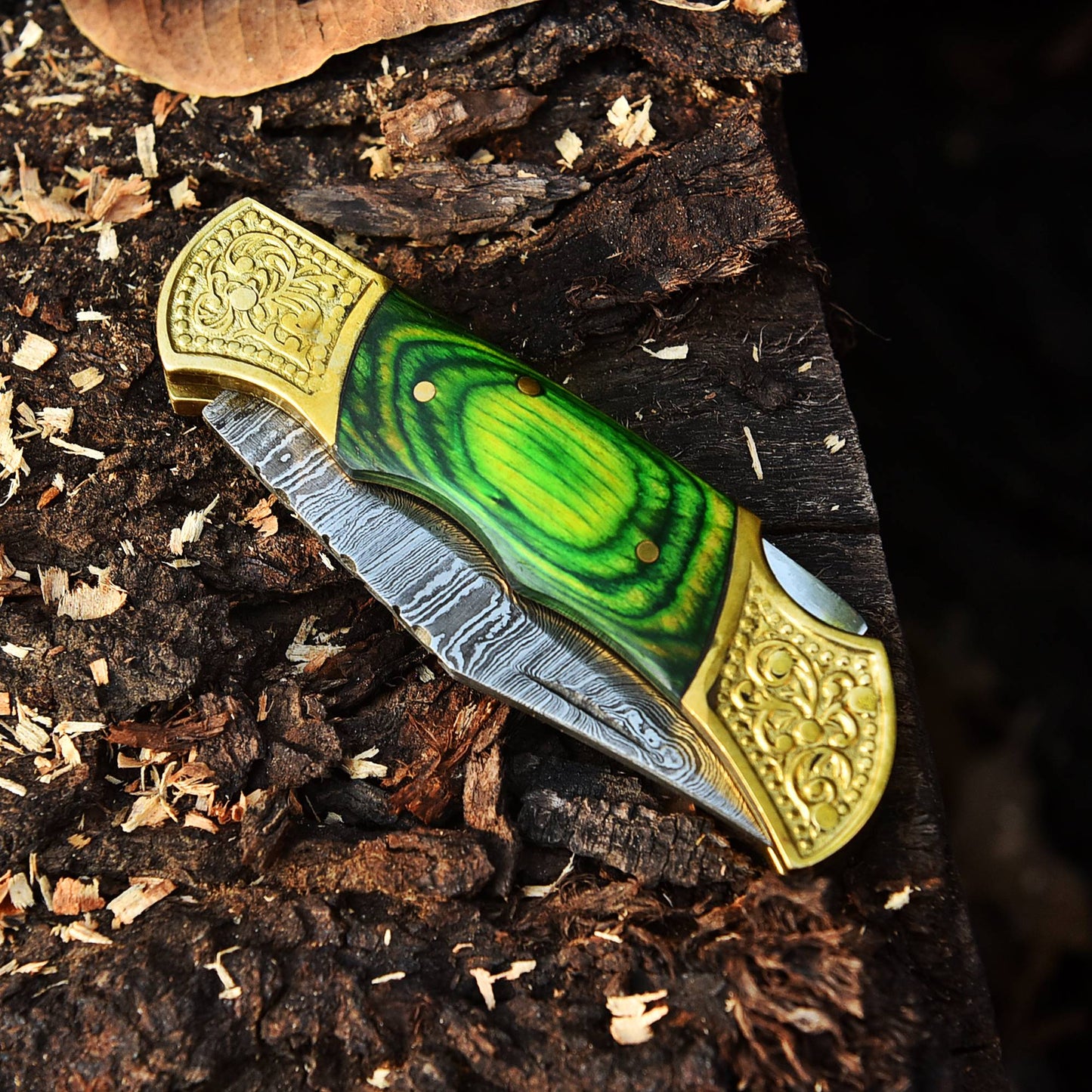 Handmade Damascus Steel Folding Blade Pocket Knife-Green PakkaWood Handle