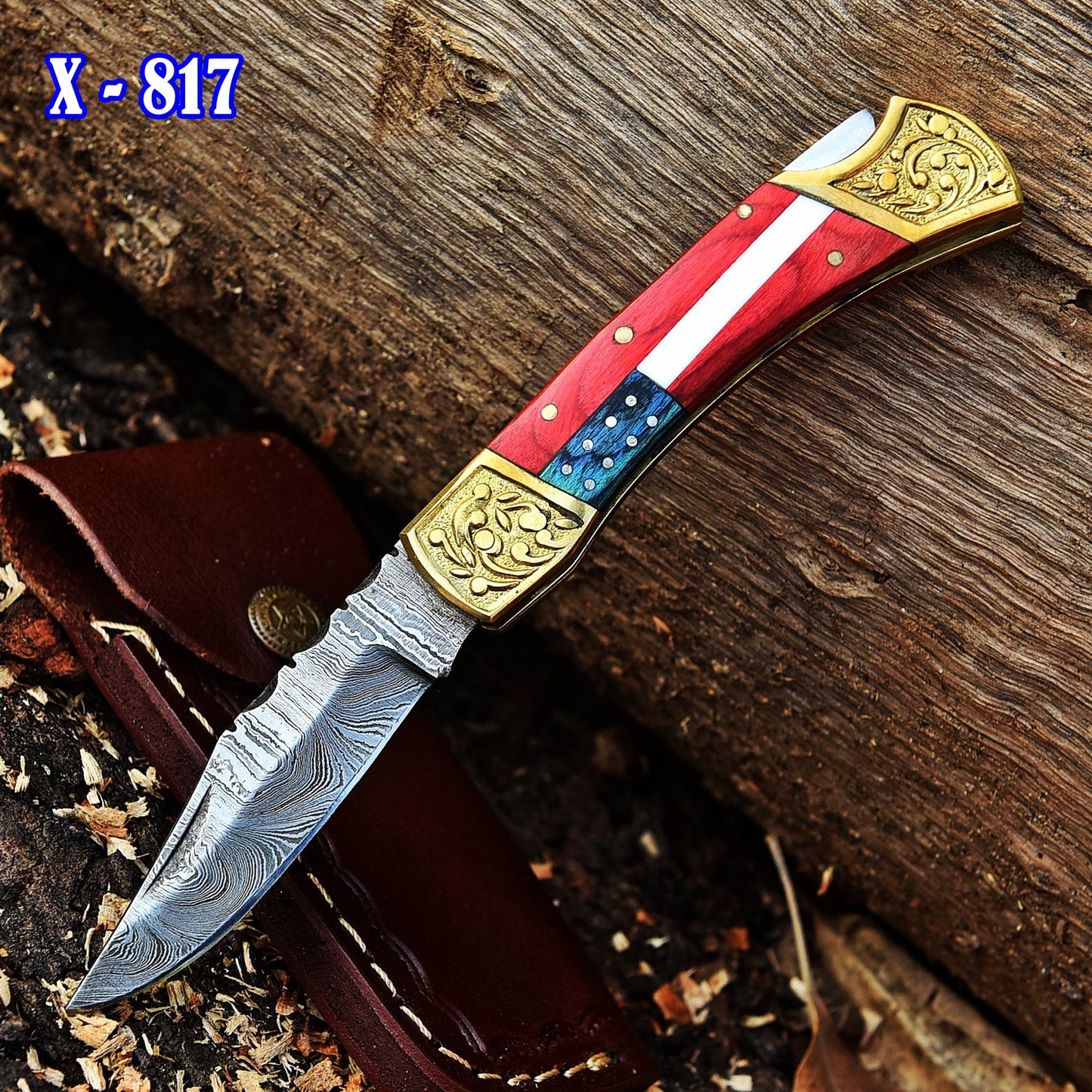 Handmade Damascus Lock Black Folding Blade Pocket knife-Flag Handle-