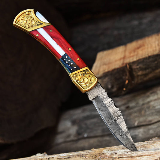 Handmade Damascus Lock Black Folding Blade Pocket knife-Flag Handle-