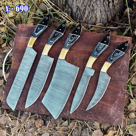 The Orchid - Handmade Damascus Chef Knife Set - 5 Pieces Forged Kitchen Knives Set x-690