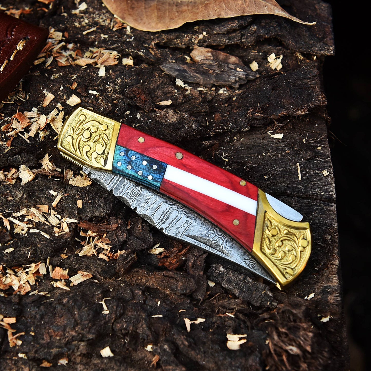 Handmade Damascus Lock Black Folding Blade Pocket knife-Flag Handle-