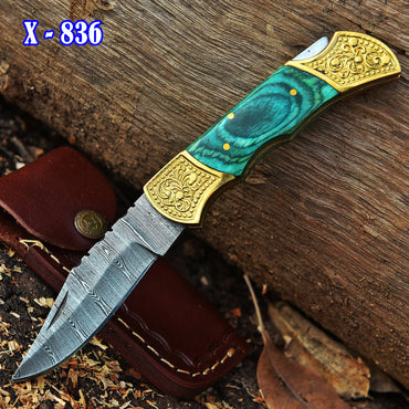 Handmade Damascus Back Lock Folding Blade Pocket Knife-Wood Engraved Bolster Handle