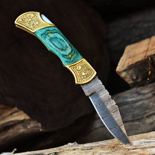 Handmade Damascus Back Lock Folding Blade Pocket Knife-Wood Engraved Bolster Handle